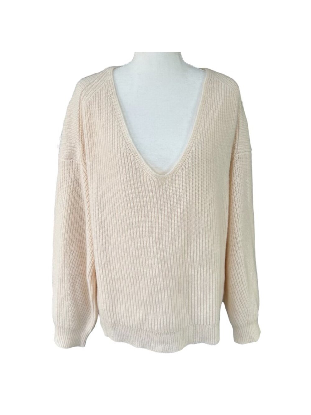 J. Crew Oversized Relaxed Ribbed Cashmere V-Neck Sweater Cream Size Large